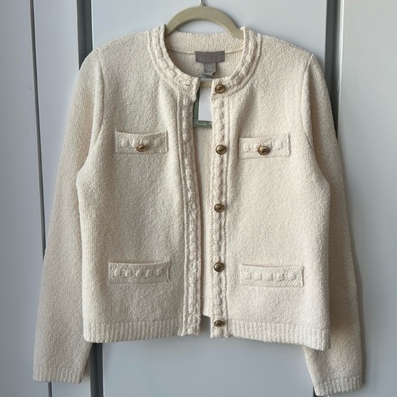 NEW Gold Button Tweed Textured Knit Sweater Cardigan Jacket - Cream Ivory - Picture 14 of 14